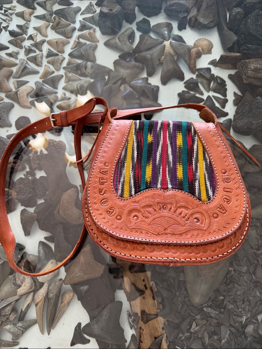Handcrafted Leather Crossbody Bag with Multicolor Textile Accent